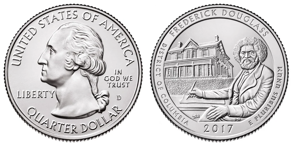 2017 Frederick Douglass quarter DDR FS-801 comparison — normal reverse versus doubled die reverse showing extra bars in house windows