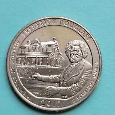 2017 Frederick Douglass quarter DDR FS-801 error — close-up of doubled die reverse showing extra bars in Cedar Hill house windows
