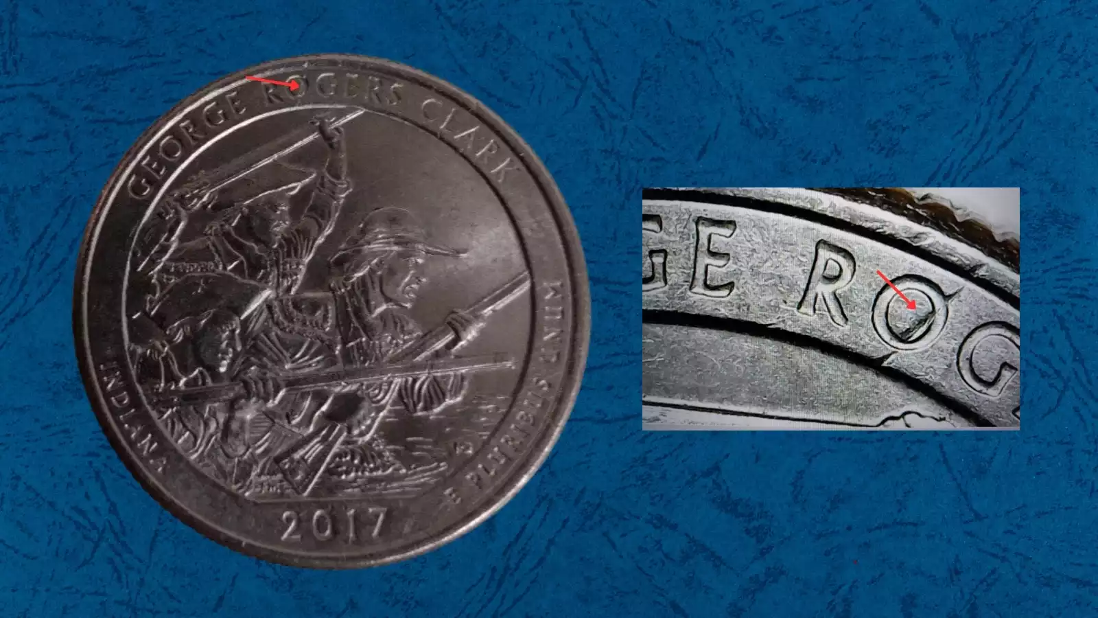 2017 quarter die crack error — raised irregular line crossing the coin's surface, die cud visible near the rim