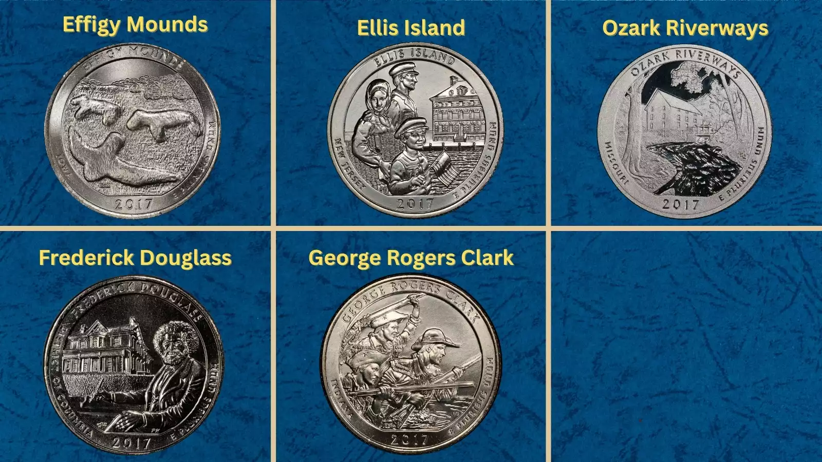All five 2017 America the Beautiful quarter designs displayed together — Effigy Mounds, Frederick Douglass, Ozark Riverways, Ellis Island, George Rogers Clark