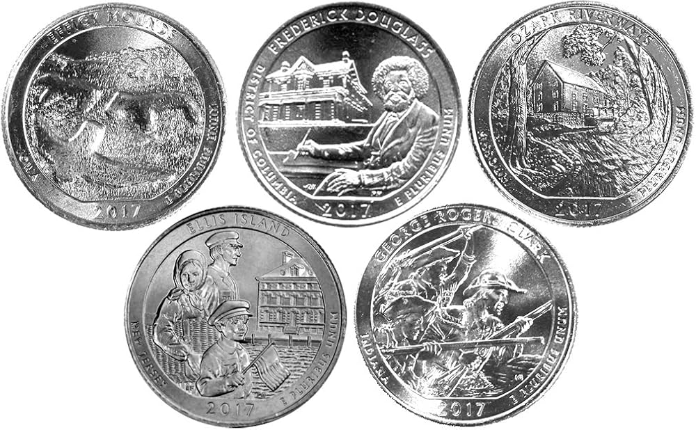 2017 ATB quarter grading strip showing four condition tiers — worn, circulated, uncirculated, and gem quality examples side by side